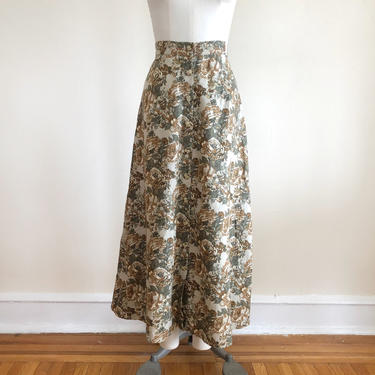 Brown and Green Floral Print Linen Blend Maxi Skirt - 1990s 