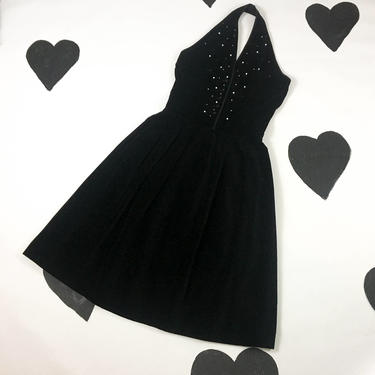 50's rhinestone pearl studded black velour halter dress 1950's Koret of California tuxedo velvet cocktail evening party dress size S XS 26 w 