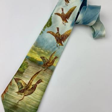 Vintage 1950'S Photo Silkscreen Tie - Ducks Flying Over a Lake - REGAL CRAVAT - Happy Hunting - Color Photo 