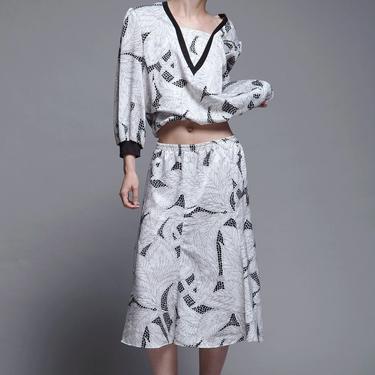2-piece secretary dress top skirt matching set black white leaf print vintage 80s LARGE L 