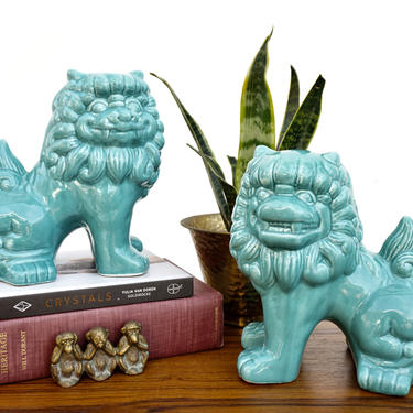 Large Aqua Blue Porcelain Foo Dogs - A Pair | Guardian Shishi Lion Figurines | Chinoiserie Pottery Art Protection Statues 