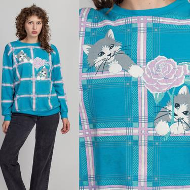 80s Plaid Cat & Rose Sweatshirt - Extra Large | Vintage Blue All-Over Kitten Graphic Pullover 
