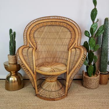 Vintage Wicker King Cobra Peacock Chair | Boho Rattan Emmanuelle Fan-Back Throne | MCM Bohemian Buri Decor | Wedding Head Table Seating 