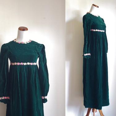 Vintage Velvet Dress, 60s 70s Dress, Forest Green Velvet Dress, Pink Rosette Trim, Long Sleeve Dress, Empire Waist Maxi Dress, Small XS 