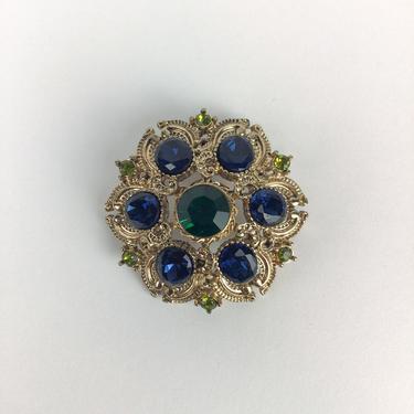 Vintage 80s brooch | Vintage green blue rhinestone brooch | 1980s Sequin rhinestone costume jewelry brooch 