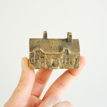Vintage Tiny Brass House, Thatched Roof Cottage House, Irish Cottage 