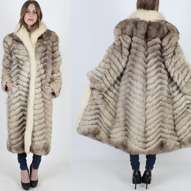 Arctic Fox Fur Coat Chevron Striped Jacket Genuine Natural Silver Fox Fur Jacket Vintage 80s Real Womens Plush Winter Long Overcoat Jacket 