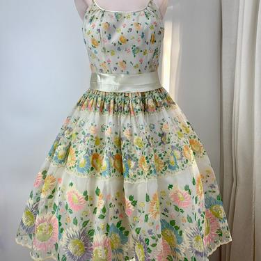 1950's Party Dress - Sweet Flocked Floral on Sheer Nylon - Fitted Bodice with a Full Skirt - Size Medium - 28 Inch Waist 