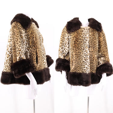 60s vintage leopard print faux fur swing coat M  / vintage TISSAVEL cheetah plush fur flared A line swing coat 1960s 50s M-L 