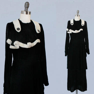 1930s Dress / 30s Black Silk Velvet and Faux Ermine Trim Winter Dream 