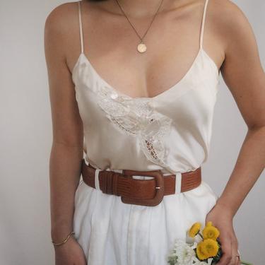 Vintage Silk Camisole Top - Cream Charmeuse Silk Lace + Beaded Camisole Top - XS/S 