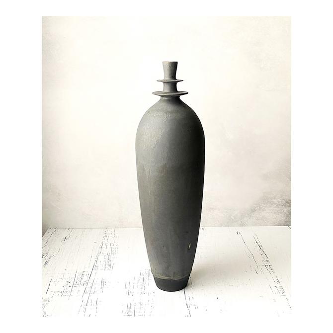 Ships Now - SECONDS SALE- tall ceramic flanged Teardrop Vase glazed in Slate Matte Black by Sara Paloma Pottery angular geometric large vase 