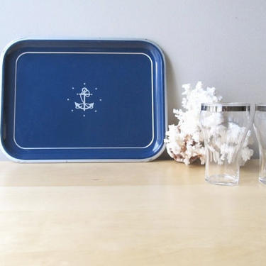 set four vintage metal tin trays - nautical decor anchor stars navy blue and silver decor 