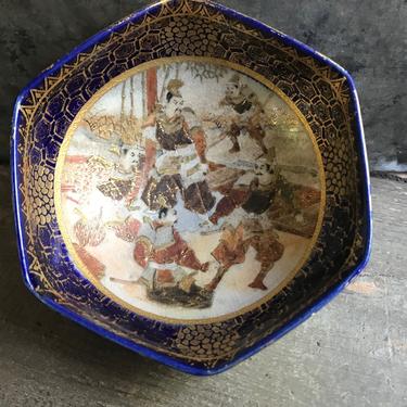 Antique Japanese Satsuma Bowl, Cobalt Blue, Finely Painted Samurai, Gold Accents, Porcelain, KH 