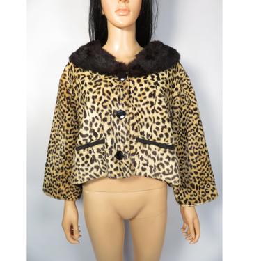 Vintage 60s Fur Collar Fuzzy Leopard Print Cropped Jacket Size L 