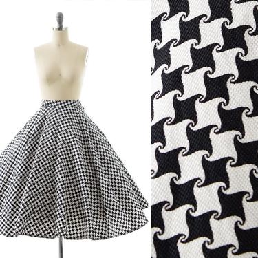 Vintage 1950s Circle Skirt | 50s Houndstooth Cotton Piqué Black White High Waisted Full Swing Skirt (small) 