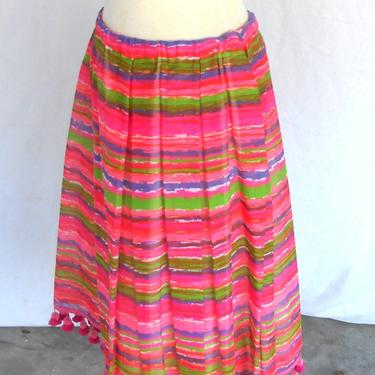 Vintage Handmade Skirt Pleated Elastic Waist Pink Stripes Pom Pom Trim Mid Length Lined Skift 