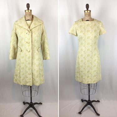Vintage 60s dress set | Vintage cream metallic knit dress suit | 1960s Edith Flagg cocktail party dress with coat 