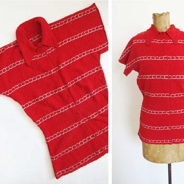 Vintage 1930s Knit Blouse M - 1930s Red Striped Boucle Knit Top - 30s Clothing - Collared Knit Short Sleeve Top - 30s Collared Knit Blouse 