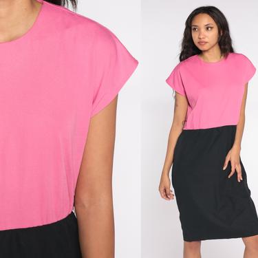 80s Sheath Dress Black Pink Color Block Dress 80s Midi Dress Vintage Wiggle Pencil Secretary Cap Sleeve Casual Fitted Medium 