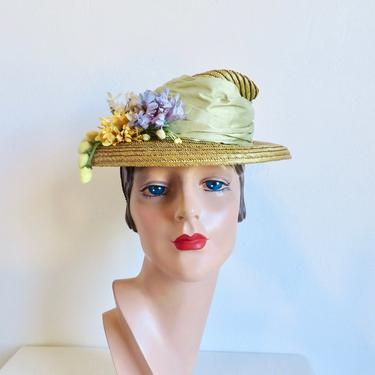 Vintage 1940's Chartreuse Yellow Straw Tilt Topper Suitor Hat Fabric Flowers Fruit Silk Ribbon Trim Spring 40's Millinery Young Towner's 
