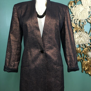 Mary ann restivo, metallic blazer, vintage suit jacket, pinstriped jacket, size medium, black and gold, low cut jacket, 80s suit jacket, 36 