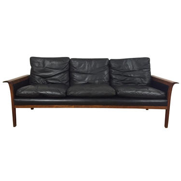 Hans Olsen Rosewood Black Leather Compact Sofa