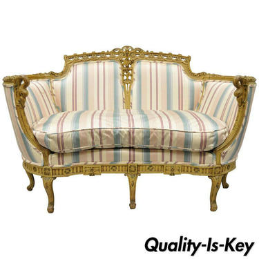 French Regency Style Cream Painted Loveseat Settee Sofa with Swan Carvings