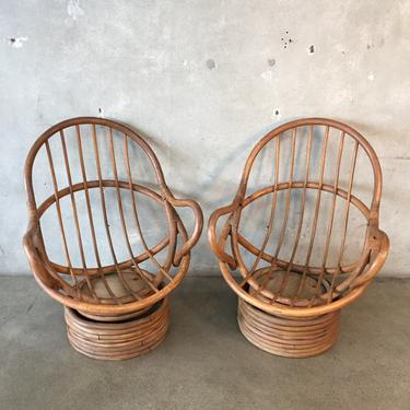 Pair of Swivel Mid Century Rattan Chairs