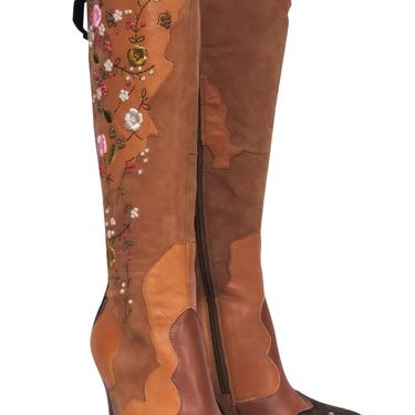 Sam Edelman - Tan Leather & Suede Embroidered Knee High Western-Style Boots Sz 6