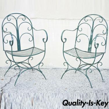 Italian Hollywood Regency Green Wrought Iron Curule Garden Arm Chairs - a Pair