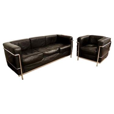 Mid Century Modern Sofa Chair Set Corbusier Style Chrome Black Leather Italy 70s 