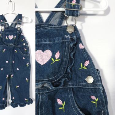 Vintage 90s Baby Girls Tulip And Heart Print Denim Overalls Size 12M 