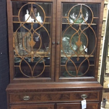 1940-50 Hutch, Mahogany, inlay/burled wood, Eagle Finial - LOCAL Alexandria Pick Up Only 