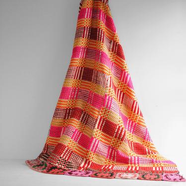 Vintage Overshot Coverlet in Bright Pink, Orange, Green, and Red, Overshot Textile Blanket 