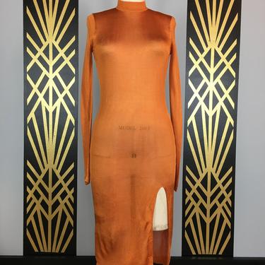 1990s bandage dress, orange knit dress, vintage 90s dress, hourglass, sheer body con, mock neck, size small, minimalist, sexy slim fit, 