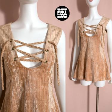 INCREDIBLE Vintage 70s Tan Crushed Velvet Mini Dress with Lace Up 