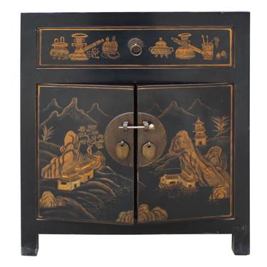 Oriental Black Lacquer Golden Scenery Graphic End Table Nightstand cs5006S