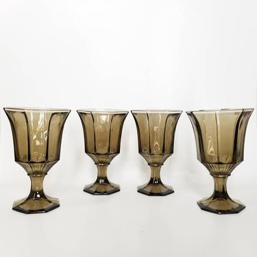 Vintage Brown Glass Wine Glasses / Octagonal Water Goblets / Colored Glass Drinking Glasses / Vintage 1970s Barware / Footed Water Glasses 