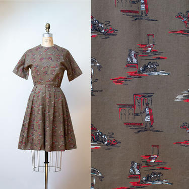 1950s Novelty Print Cotton Dress / 50s Roman Gladiator Pleated Dress 