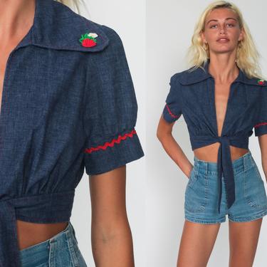 70s Crop Top Denim-Look PUFF Sleeve Blouse 70s Hippie Boho Shirt Strawberry Deep V Neck PLUNGING Vintage Bohemian Blue Jean Extra Small xs 