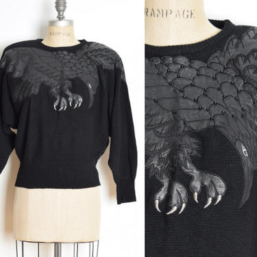 vintage 80s sweater black wool EAGLE bird applique ugly jumper top shirt M clothing 