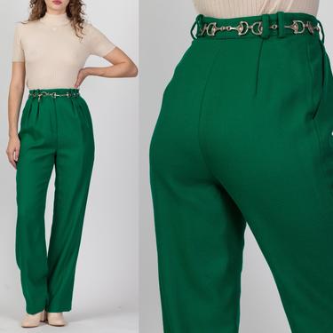 Vintage High Waist Green Trousers - Small, 26.5&quot; | 80s Wool Pleated Straight Leg Pants 
