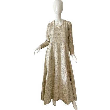 60s Gold Brocade Dress / Vintage Tapestry Metallic Empire Gown / 1960s Wedding Party Evening Gown 