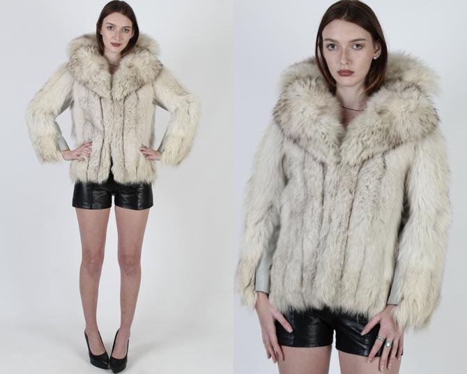 Vintage 80s Cream Arctic Fox Fur Coat / Chubby Real Fur Plush Jacket / Womens Leather Panel Inlay / Wide Chubby Vertical Panels 