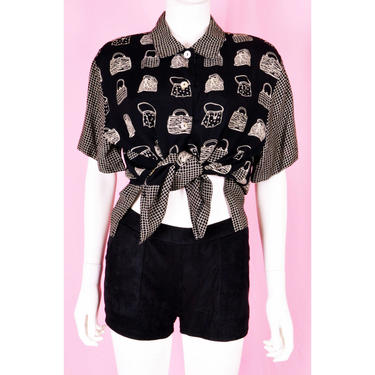90s Black Crop Top with Handbag Print / Vintage 1990s Black Button Up Blouse / Medium by VintageAlleyShop