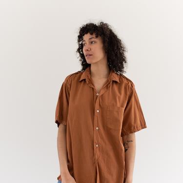 Vintage Overdye Carrot Orange Short sleeve Shirt | Epaulettes Simple Blouse | Cotton Work Shirt | L XL | | 