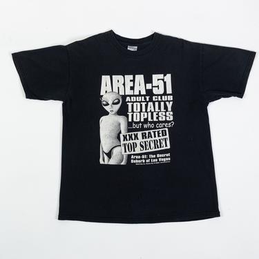 Vintage Area 51 Topless Alien T Shirt - Men's Medium | Y2K Unisex XXX Rated Black Graphic Tee 