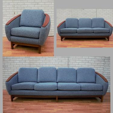 Mid Century Modern Danish R. Huber Curved Back Teak Trim Loveseat Sofa and Barrel Back Lounge Chair - Set of 3