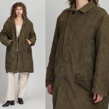 50s 60s Golden Fleece Army Green Parka Jacket - Size 46, Men's XL | Vintage Button Up Military Overcoat Olive Drab Coat 